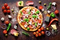 Food ingredients and spices for cooking delicious italian pizza. Mushrooms, tomatoes, cheese, onion, oil, pepper, salt