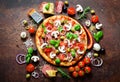 Food ingredients and spices for cooking delicious italian pizza. Mushrooms, tomatoes, cheese, onion, oil, pepper, salt Royalty Free Stock Photo