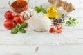 Food ingredients and spices for cooking, tomatoes, oil, pepper,