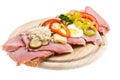 A bread topped with smoked meat, eggs, cheese and vegetables