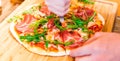 Food. Italian pizza, jamon and ruccola