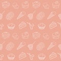 food item black outline hand drawn seamless pattern, set of bakery, sweets collection candy cane, cupcake, macaroon, icecream, pie