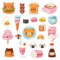 Food kawaii vector cartoon bear expression characters of fastfood hamburger with icecream or doughnut emoticon