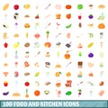 100 food and kitchen icons set, cartoon style