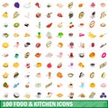 100 food and kitchen icons set, isometric 3d style Royalty Free Stock Photo