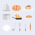 Food kitchen pizza bread cake utensils and chef hat icons Royalty Free Stock Photo