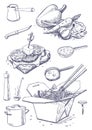 Food and kitchen utensils