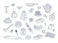 Food and kitchenware doodles vector set of isolated elements. Cooking doodle illustrations collection of utensils, meal Royalty Free Stock Photo