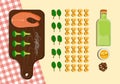 Food knolling fish, pasta, broccoli, sesame, allspice, olive oil trendy arranging vector illustration.