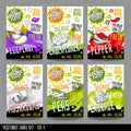 Food label set stickers collection vegetable labels spices package design. Cauliflower, eggplant, pepper, peas mushrooms cabbage. Royalty Free Stock Photo