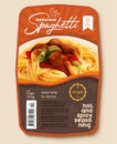 Food label spaghetti pasta with meatballs ads template Royalty Free Stock Photo