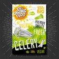 Food labels stickers set colorful sketch style fruits, spices vegetables package design. Celery. Vegetable label.