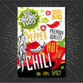 Food labels stickers set colorful sketch style fruits, spices vegetables package design. Chili pepper. Vegetable label.