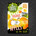 Food labels stickers set colorful sketch style fruits, spices vegetables package design. Hand drawn vector illustration.