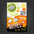 Food labels stickers set colorful sketch style fruits, spices vegetables package design. Nutmeg, nuts. Vegetable label.