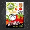 Food labels stickers set colorful sketch style fruits, spices vegetables package design. Tomatoes. Vegetable label.