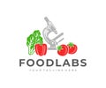 Food laboratory, microscope, tomato, bell pepper and lettuce salad, logo design. Food technology, vegetables, food and meal, vecto Royalty Free Stock Photo