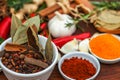 Food, leaf and spices on table top for cooking meal, turmeric seasoning or paprika flavor. Vegetables, kitchen Royalty Free Stock Photo