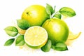 Yellow slice fresh ripe citrus food juicy leaves background fruit healthy lemon