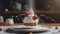 Food levitation concept. Strawberry White whipped cream cake on table background.