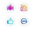 Food, Like and Mail newsletter icons set. Uv protection sign. Cutlery, Thumbs up, Open e-mail. Skin cream. Vector