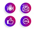 Food, Like and Mail newsletter icons set. Uv protection sign. Cutlery, Thumbs up, Open e-mail. Skin cream. Vector