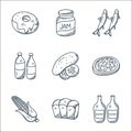 food line icons. linear set. quality vector line set such as cognac, bread, corn, pizza, cucumber, wine, fish, jam