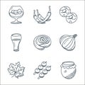 food line icons. linear set. quality vector line set such as honey jar, skewers, maple leaf, garlic, biscuits, drink, cookies,