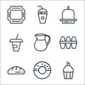Food line icons. linear set. quality vector line set such as muffin, donut, bread, eggs, jug, cup, cloche, juice