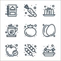 food line icons. linear set. quality vector line set such as nachos, bbq, apple, egg, tomato, tea, jelly, carrot Royalty Free Stock Photo