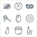 food line icons. linear set. quality vector line set such as wine, jam, eggplant, doughnut, pistachio, honey, onion, pistachio