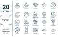 food linear icon set. includes thin line pasta, jelly, boiled egg, vitamins, baguette, wine bottle and glass, sparkling wine icons