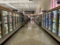 Food Lion grocery store interior frozen foods aisle low light 2021 Royalty Free Stock Photo