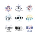 Food logo design set, pizza, tea, apple, meat, salad, soup, croissant, lemon, beer emblems for cafe, restaurant, cooking