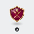Food logo. Food Point Icon. Breakfast cafe emblem. Knife, fork and spoon on a dark-red glossy heraldic shield.