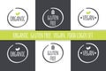 Food logos set. Organic Gluten Free Vegan labels. Vector grey white symbols with green leaves