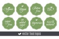 Food logos set. Organic Vegan Sugar Gluten free Bio Vegetarian 100 Natural labels. Vector green stickers isolated on white backgro Royalty Free Stock Photo