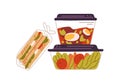 Food in lunch boxes with lids. Healthy dishes, meals and snacks packed in lunchbox containers and bags. Soup, vegetables