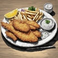 Food magazine photo of a plate of crispy fish and chips, tartar sauce, lemon wedge, blacklight, Claude Monet