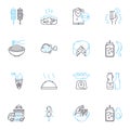 Food manufacturing business linear icons set. Production, Ingredients, Quality, Safety, Processing, Packaging, Hygiene