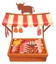 Food market butcher stand. Meat display case