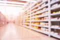 Food market interior. Blur corridor background. Shop shelf. Stock goods. Royalty Free Stock Photo