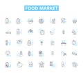Food market linear icons set. Produce, Bakery, Meat, Seafood, Deli, Dairy, Snacks line vector and concept signs