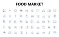 Food market linear icons set. Produce, Bakery, Meat, Seafood, Deli, Dairy, Snacks vector symbols and line concept signs