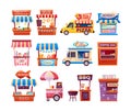 Food market. Set of street tent, car, truck, van selling fruits, bread, pizza, dairy product, candy, cheese, ice cream, coffee bar