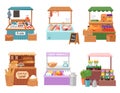 Food market vector salesman seller character selling in bookshop butcher or baker in stall illustration set of people