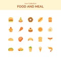 Food and meal icon set collection package burger pizza donuts hotdog french fries muffin thigh chicken cake pastry bread sausage