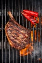 Food meat - beef steak on bbq barbecue grill with flame Royalty Free Stock Photo