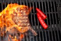 Food meat - beef steak on bbq barbecue grill with flame Royalty Free Stock Photo