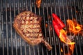 Food meat - beef steak on bbq barbecue grill with flame Royalty Free Stock Photo